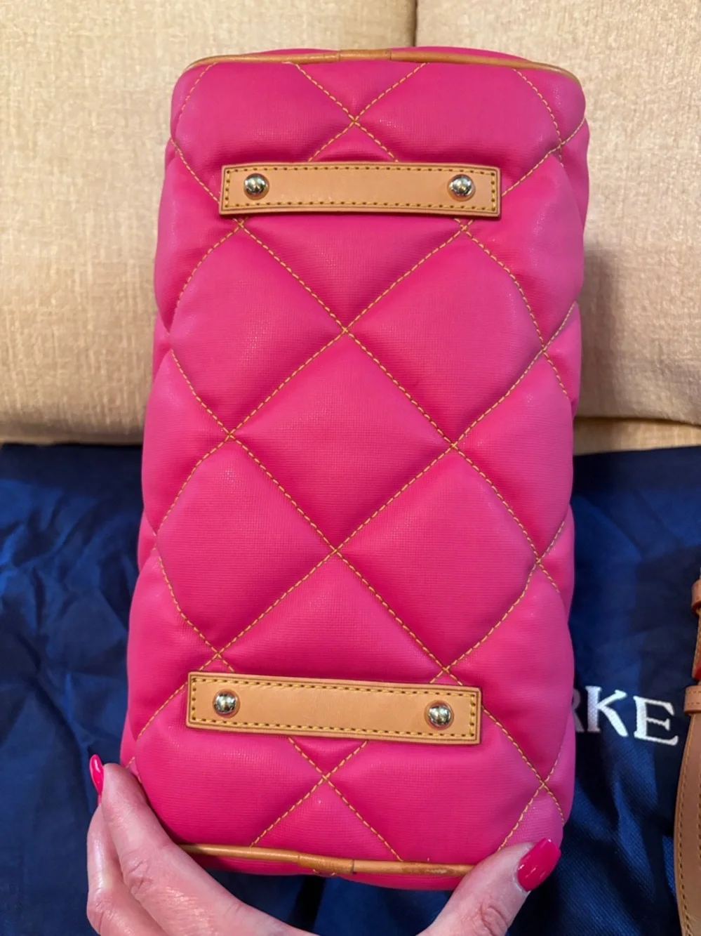 Dooney & Bourke Fuchsia Quilted Satchel with Tan Leather Trim - Picture 8 of 12